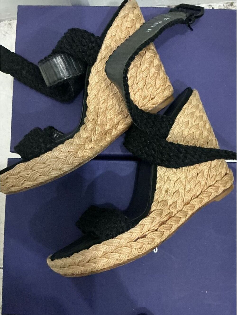 Stuart Weitzman Black Braided Espadrille Wedge Sandals